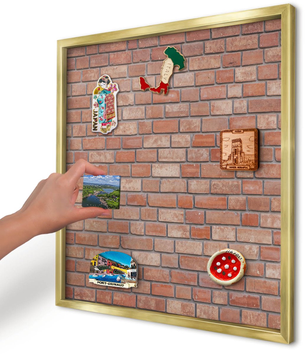 Artprintcave Bruin Magneetbord mit Gouden Frame - 50x50 cm - Bakstenen Muur Magnetisch Bord - Industrieel/Loft Memobord Keuken - Texturen
