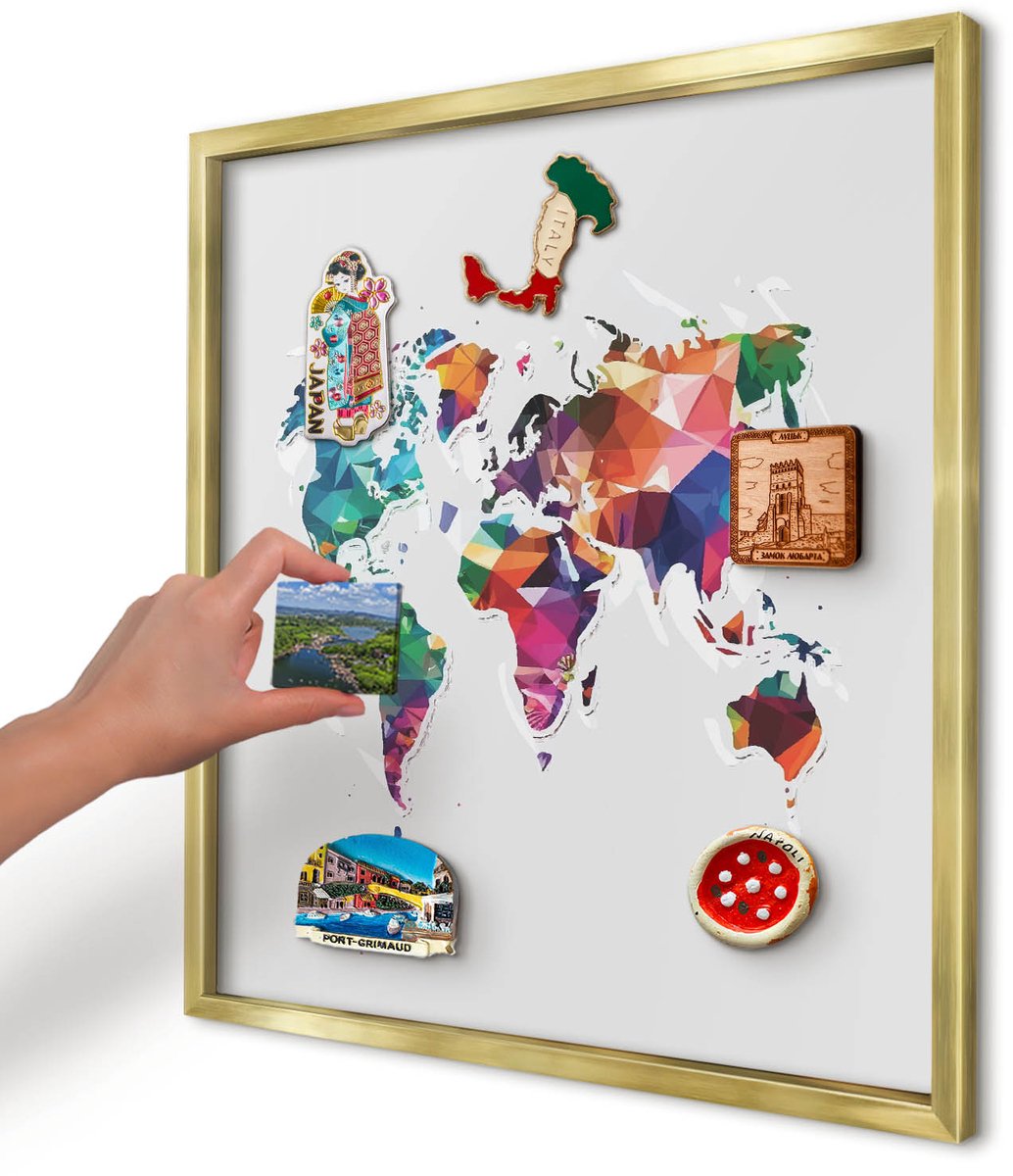 Artprintcave Grijs Magneetbord mit Gouden Frame - 50x50 cm - Wereldkaart Magneet Bord mit Frame - Geometrische Magnetisch Bord - Kaarten