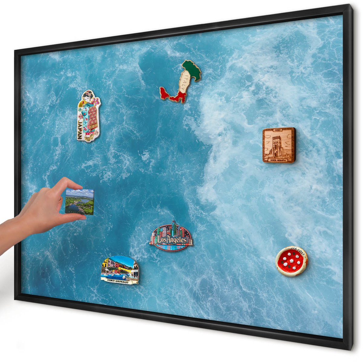 Artprintcave Blauw Magneetbord mit Zwart Frame - 100x70 cm - Oceaangolven Magnetisch Bord Voor Magneten - Abstract Magneet Bord mit Frame - Natuur