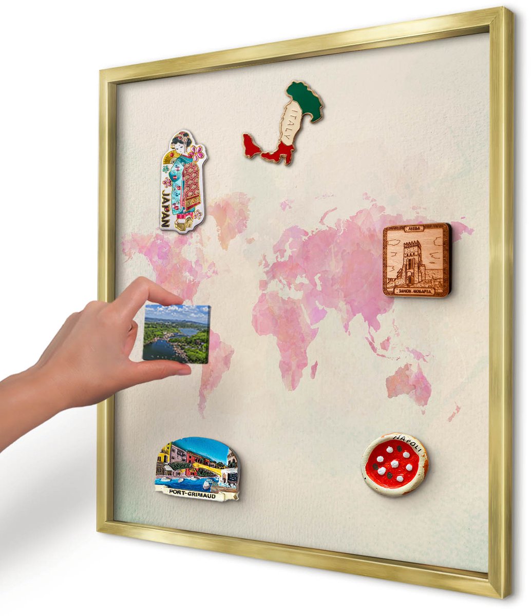Artprintcave Roze Magneetbord mit Gouden Frame - 50x50 cm - Wereldkaart Wandbord Magnetisch - Waterverf Magneetbord Voor Keuken - Kaarten