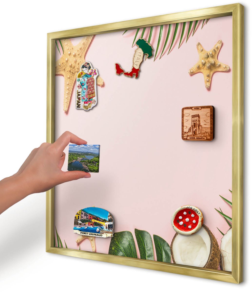 Artprintcave Roze Magneetbord mit Gouden Frame - 50x50 cm - Tropische Vakantie Magnetisch Bord - Illustratief Magneetbord Voor Foto's - Natuur