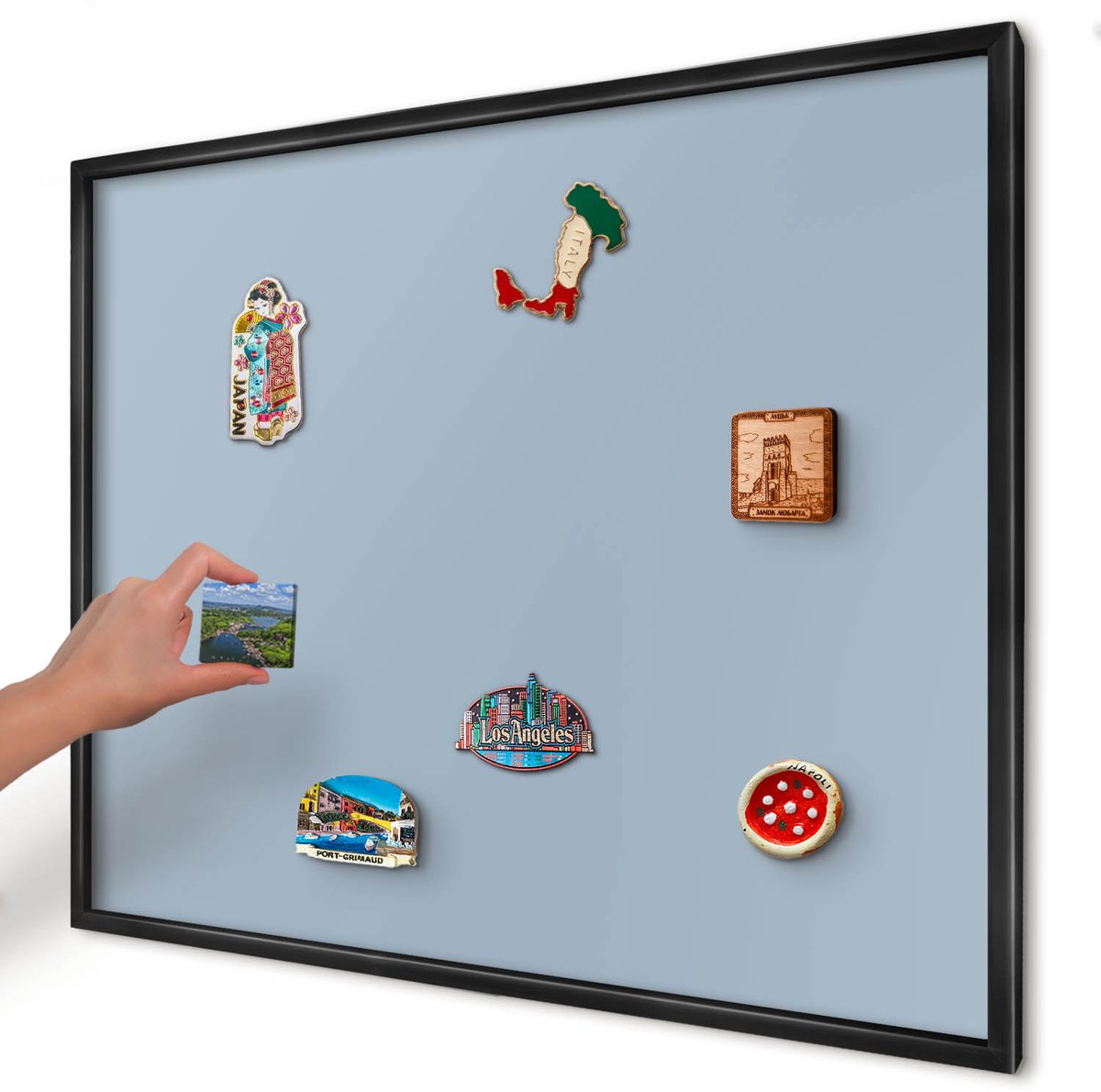 Artprintcave Blauw Magneetbord mit Zwart Frame - 80x60 cm - Pastelblauw Magneetbord Voor Foto's - Minimalist Magnetisch Bord - Achtergronden En Patronen