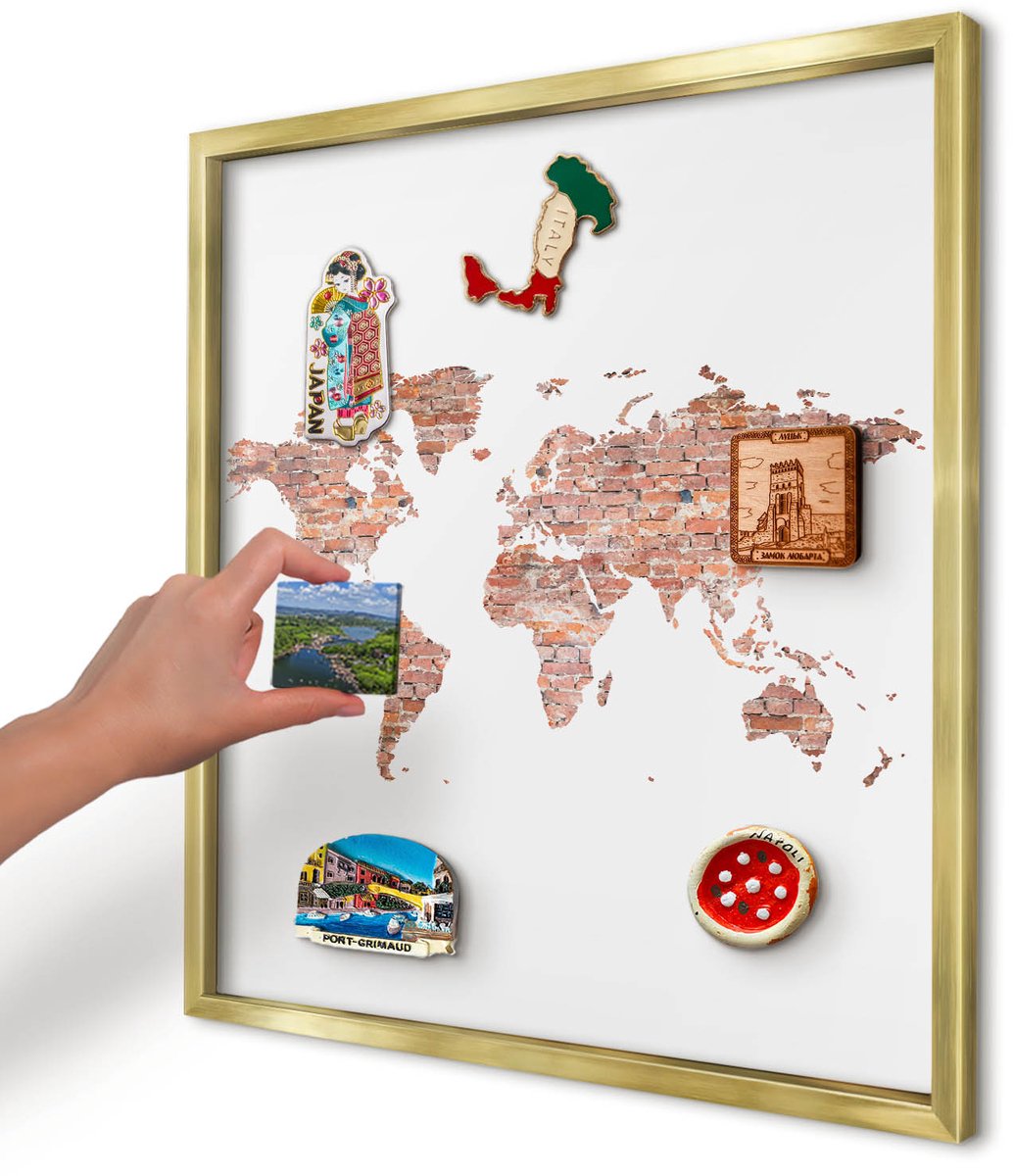 Artprintcave Wit Magneetbord mit Gouden Frame - 50x50 cm - Bakstenen Plattegrond Magneetbord Voor Foto's - Industrieel/Loft Memobord Keuken - Kaarten