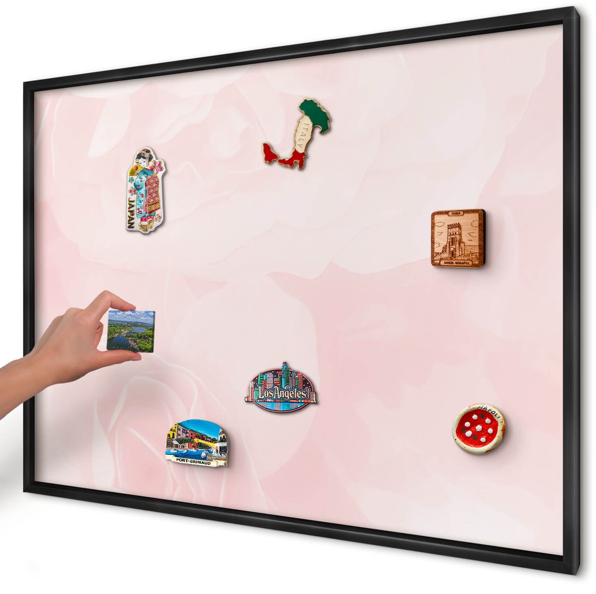 Artprintcave Roze Magneetbord mit Zwart Frame - 100x70 cm - Delicaat Roze Wandbord Magnetisch - Minimalist Memobord Keuken - Bloemen En Planten