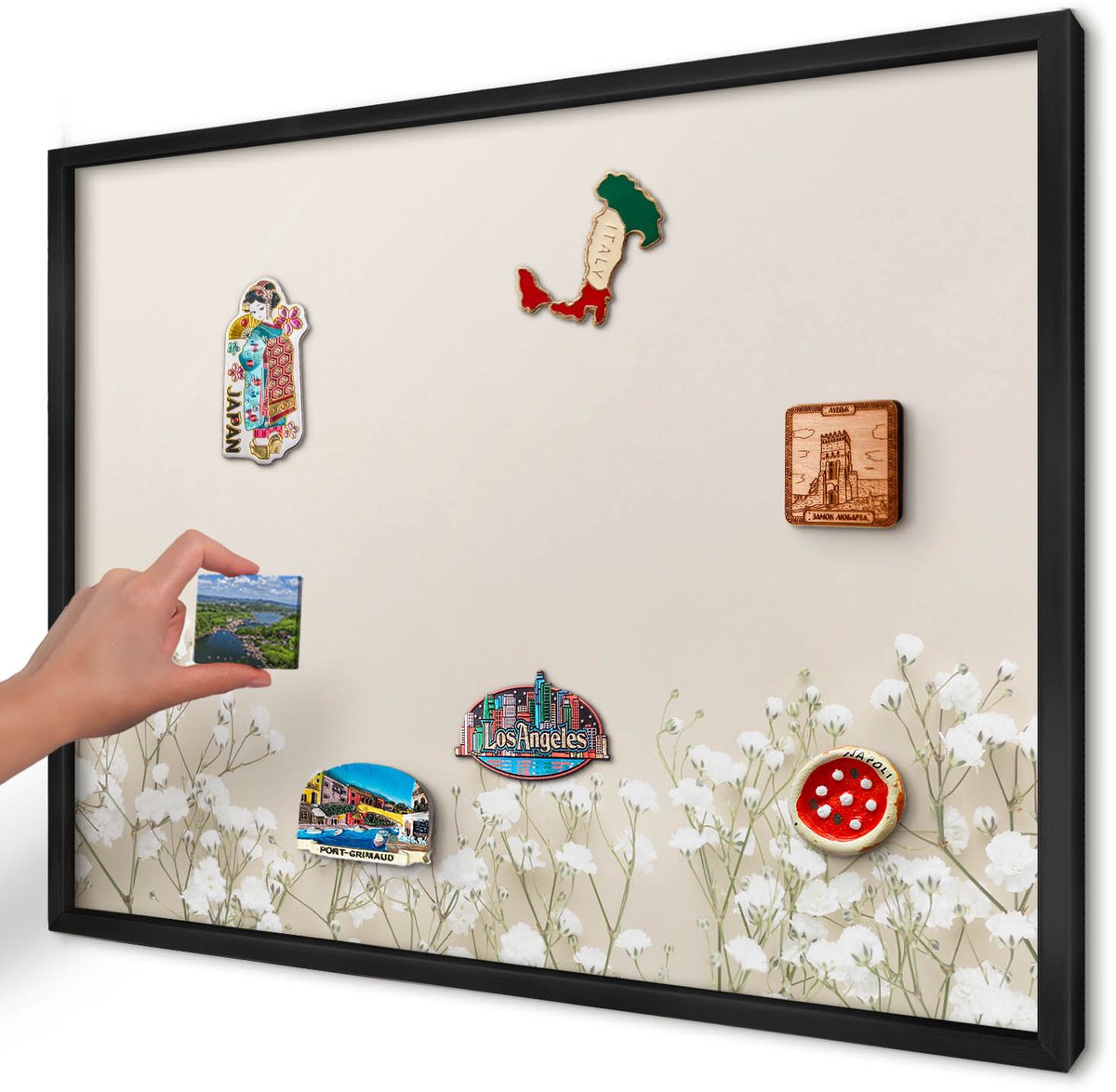 Artprintcave Beige Magneetbord mit Zwart Frame - 70x50 cm - Subtiele Natuur Magnetische Organizer - Minimalist Bord Voor Magneten - Bloemen En Planten