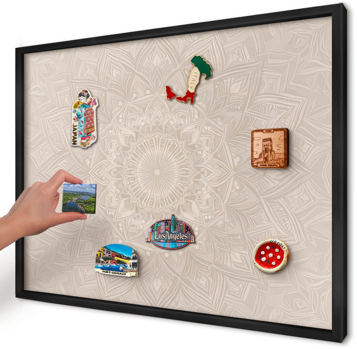 Artprintcave Beige Magneetbord mit Zwart Frame - 70x50 cm - Decoratieve Mandala Magnetisch Bord Voor Magneten - Geometrische Magneet Bord mit Frame - Geometrie
