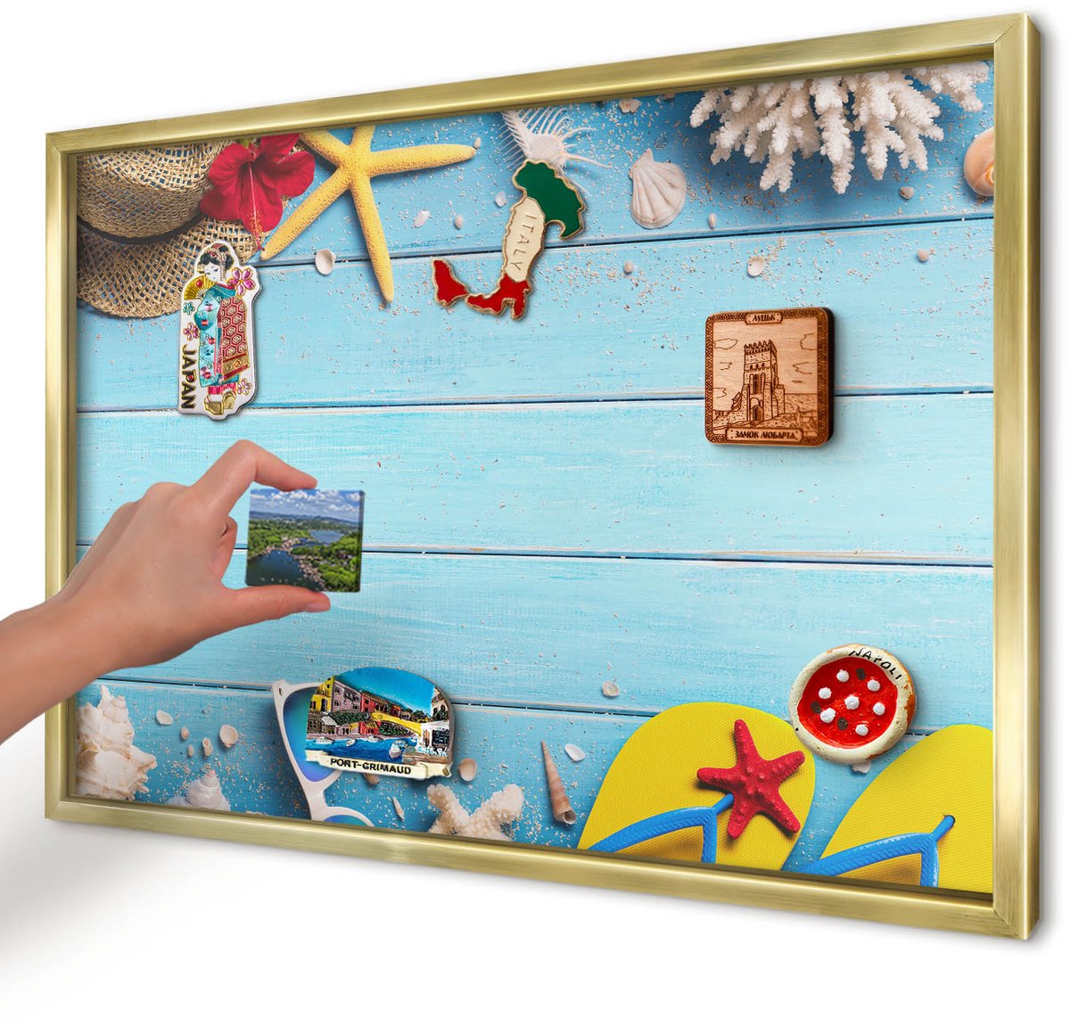 Artprintcave Blauw Magneetbord mit Gouden Frame - 60x40 cm - Vakantiestrand Wandbord Magnetisch - Minimalist Magneetbord Voor Foto's - Natuur