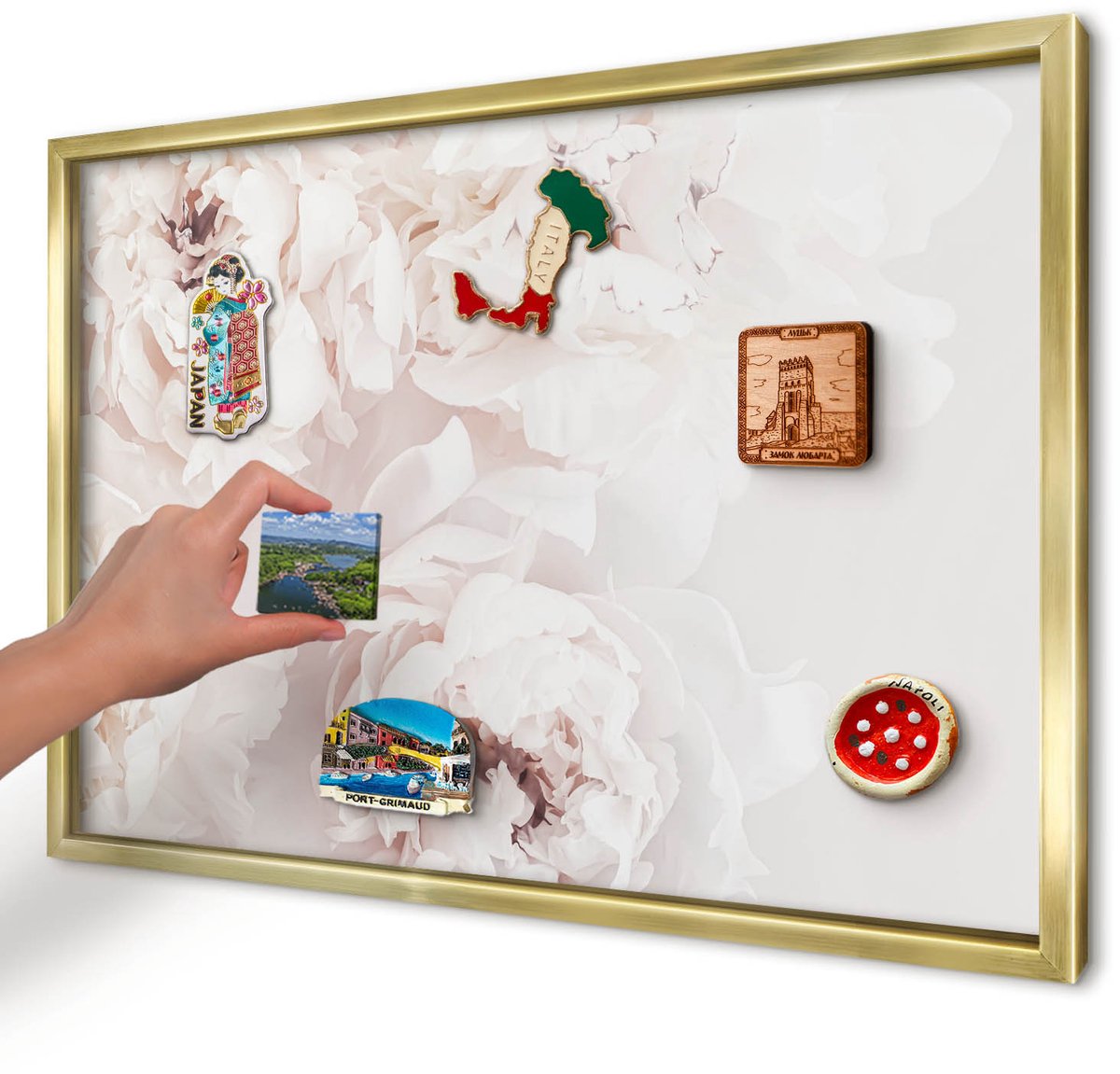 Artprintcave Wit Magneetbord mit Gouden Frame - 60x40 cm - Witte Pioenrozen Wandbord Magnetisch - Minimalist Bord Voor Magneten - Bloemen En Planten