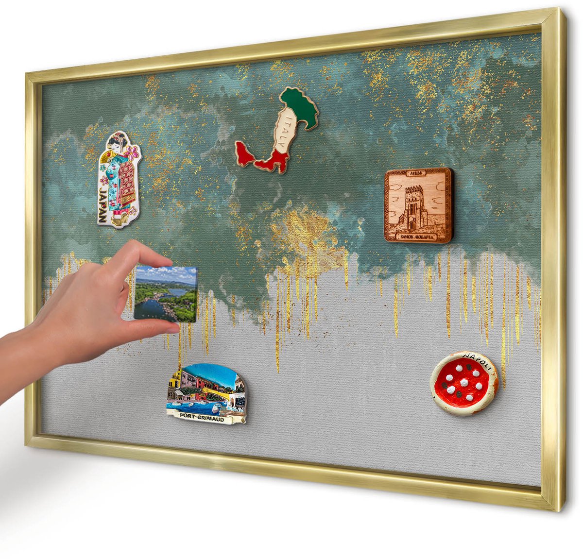 Artprintcave Turkoois Magneetbord mit Gouden Frame - 60x40 cm - Turquoise Abstractie Bord Voor Magneten - Abstract Magneet Bord mit Frame - Abstractie