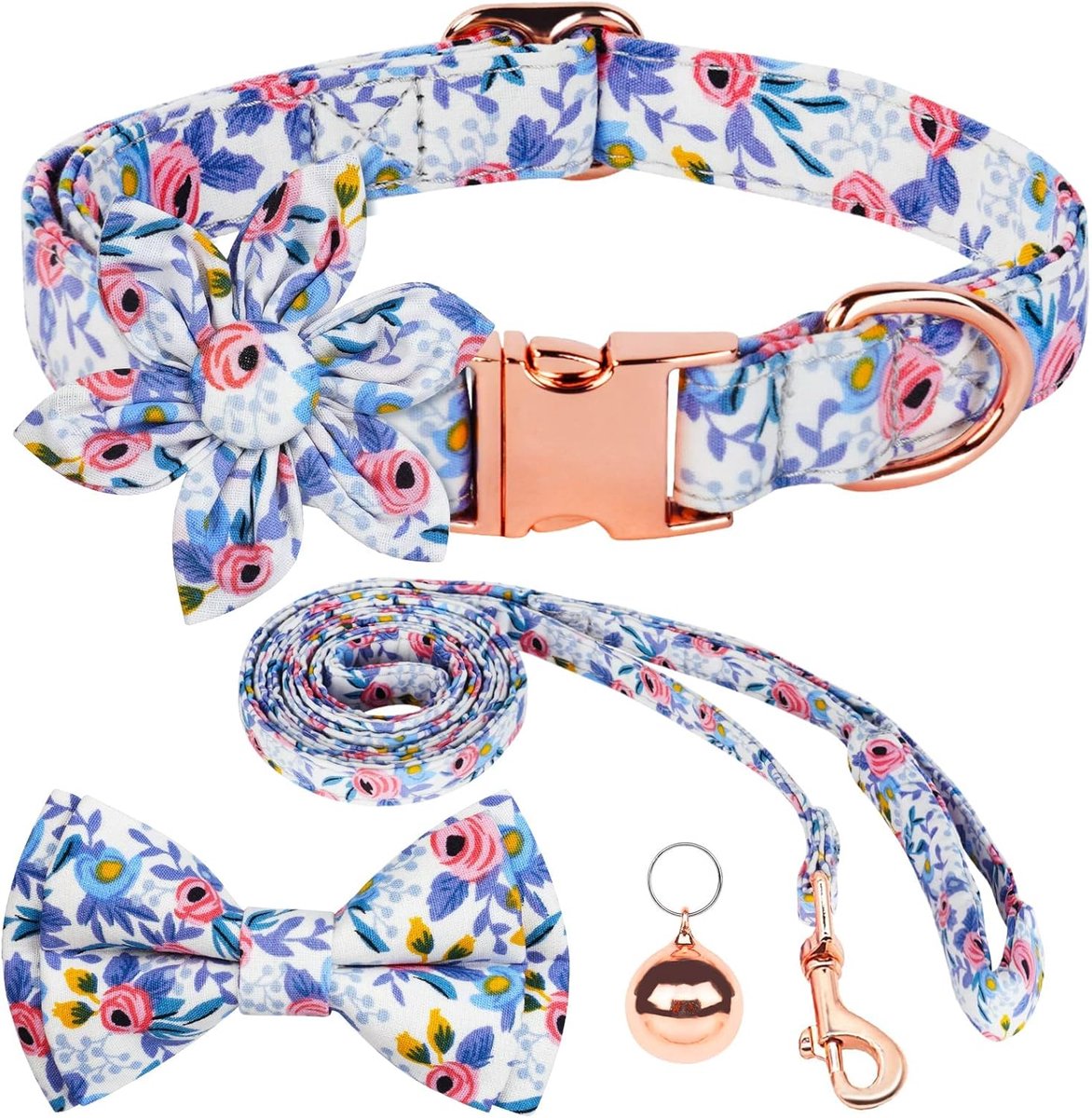 Hondenhalsband en riem set - bloemenpatroon - verstelbare gouden gesp - stijlvol voor honden - ShopVlot