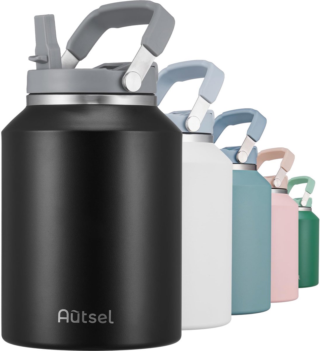 SnelShoppen - 2 liter roestvrijstalen waterfles met handvat, geïsoleerde drinkfles, lekvrij, 2000 ml metaal, houdt dranken warm of koud, ideaal voor c