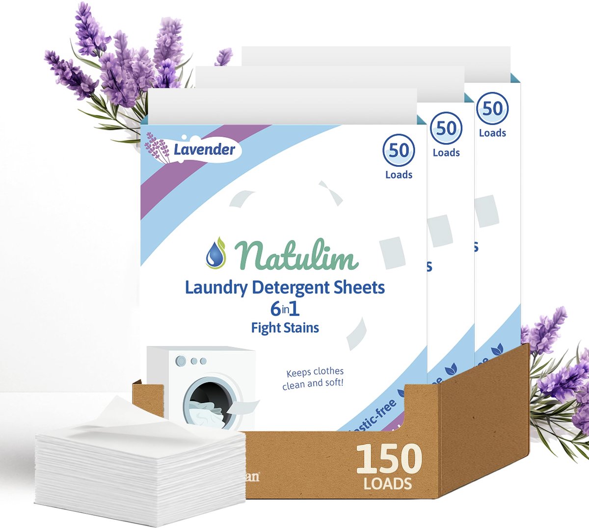 SnelShoppen - Natulim Wasmiddelstrips (150 Wasbeurten) - Hypoallergeen, Ecologisch, Inclusief Wasverzachtereffect - Lavendel Geur, 3 x 50 Stuks voor S