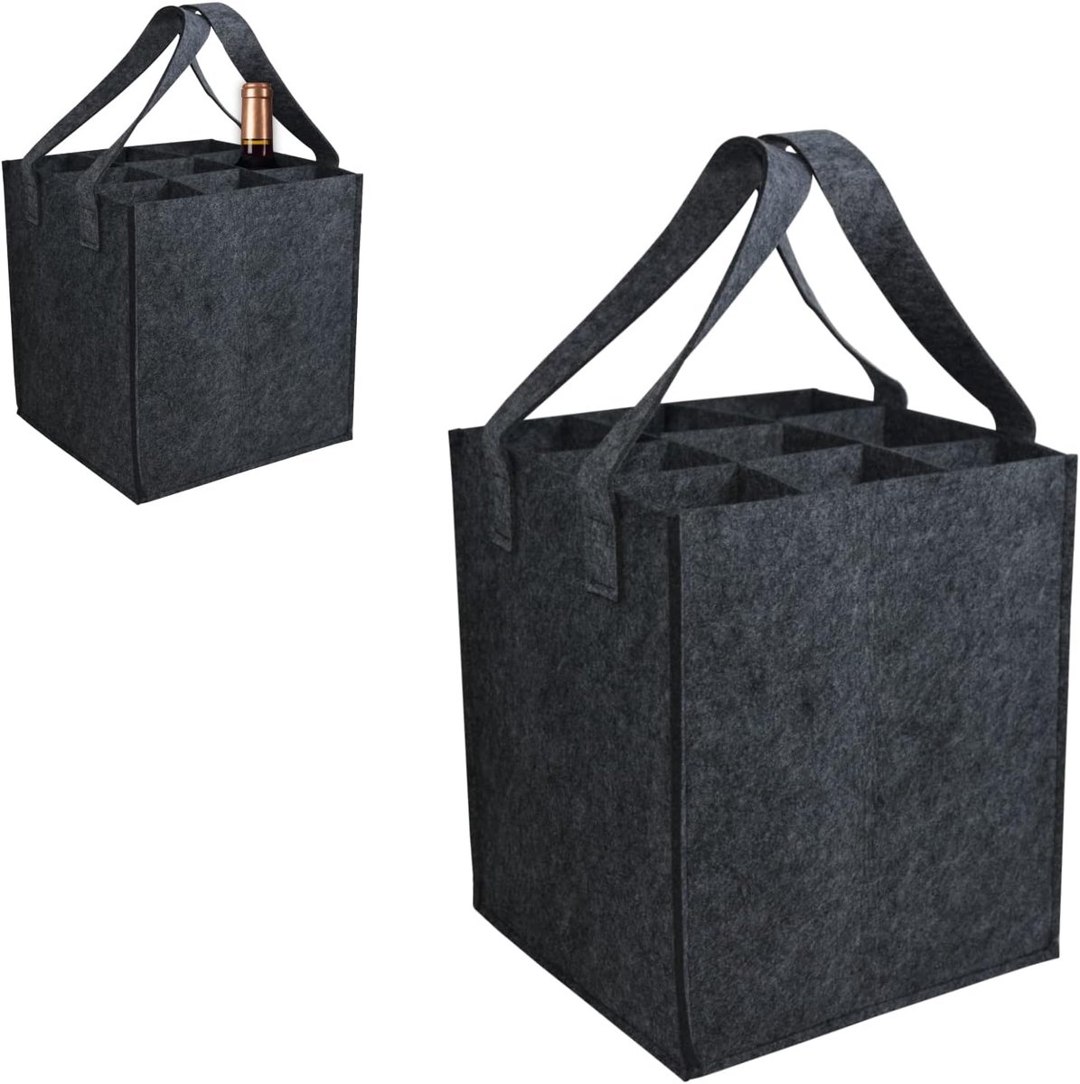 SnelShoppen - Felt Bottle Bag 1.5L - Compacte Flessentas met 9 Vakken - Wasbaar en Herbruikbaar - Donkergrijs - Perfect voor Feest, Camping of Thuis