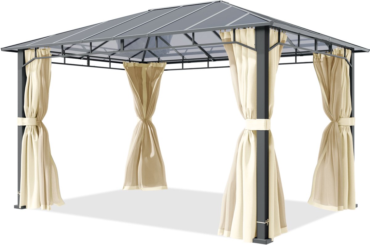 TOOLPORT Tuinpaviljoen 3x4 m, aluminium, polycarbonaat dak ca. 8 mm, beige - met zijwanden en muggennetten