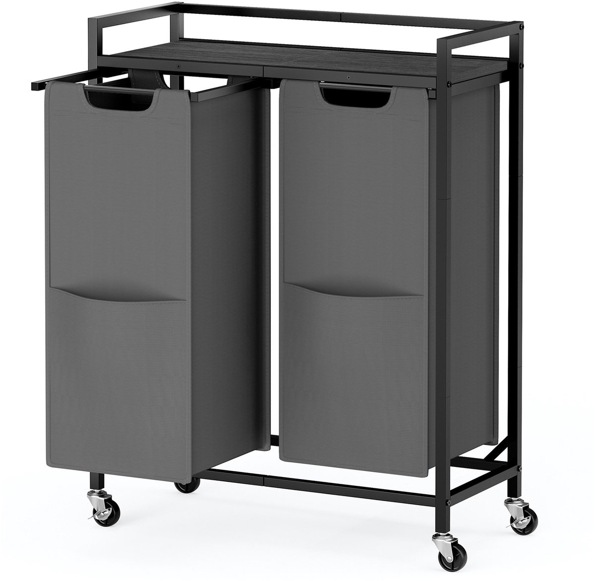 Wasmand met 2 compartimenten - Rolwagen met plank en vakken - Wasmand voor huishoudelijk gebruik - 63 x 32 x 93 cm - Zwartgrijs