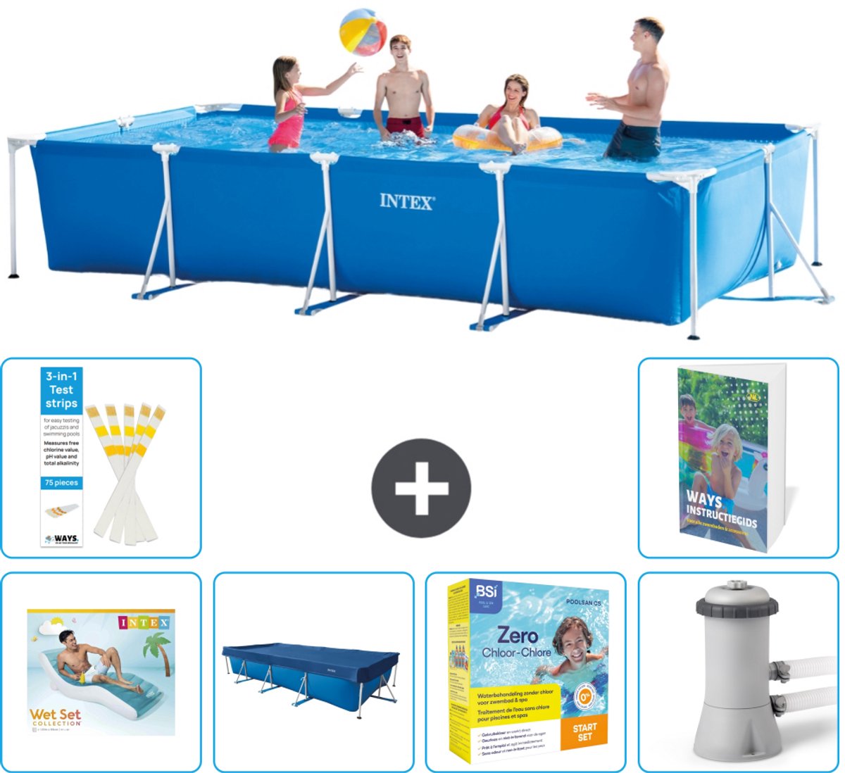 Intex Rechthoekig Frame Zwembad - 450 x 220 x 84 cm - Blauw - Inclusief Loungebed - Afdekzeil - Onderhoudspakket - Zwembadfilterpomp - 7-delig