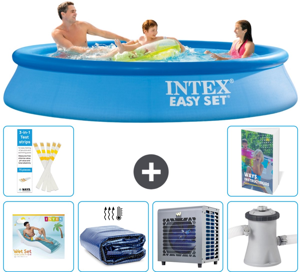 Intex Rond Opblaasbaar Easy Set Zwembad - 305 x 61 cm - Blauw - Inclusief Loungebed - Solarzeil - Warmtepomp - Zwembadfilterpomp - 7-delig