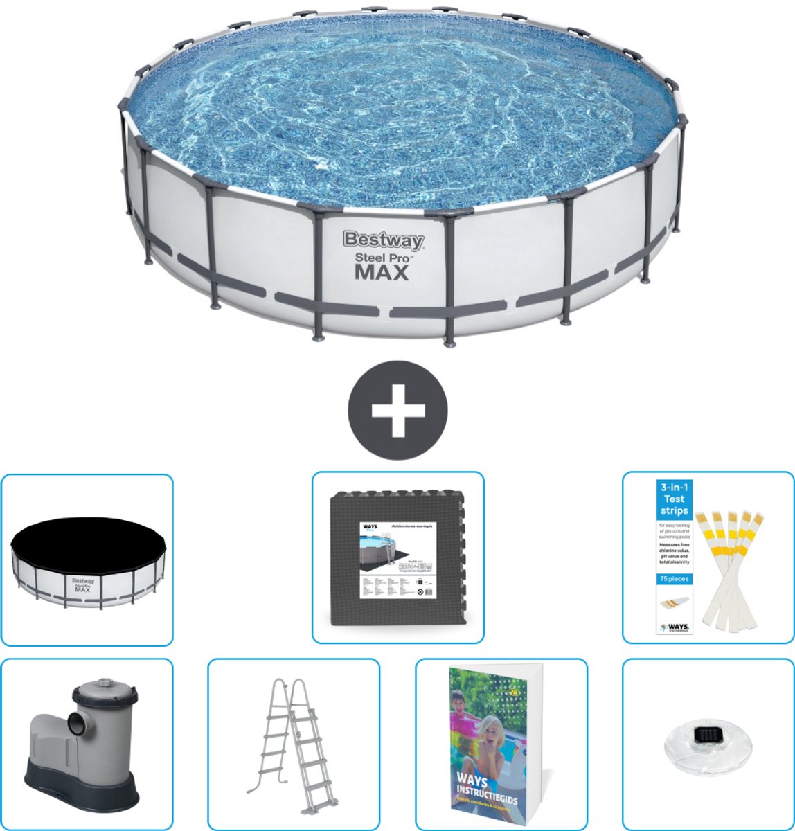 Bestway Rond Steel Pro MAX Zwembad - 549 x 122 cm - Grijs - Inclusief Pomp - Ladder - Afdekzeil - Vloertegels - Verlichting - 8-delig