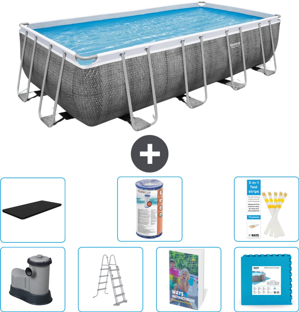 Bestway Rechthoekig Power Steel Zwembad - Rattanprint - 549 x 274 x 122 - Inclusief Pomp - Ladder - Afdekzeil - Filter - Vloertegels - 8-delig