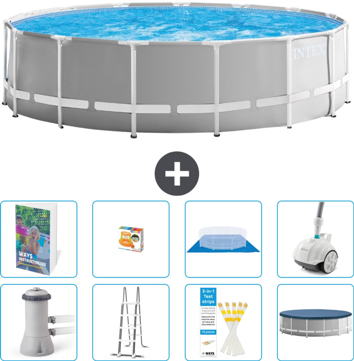 Intex Rond Prism Frame Zwembad - 457 x 122 cm - Grijs - Inclusief Pomp - Ladder - Grondzeil - Afdekzeil - Speelgoed - Stofzuiger - 9-delig