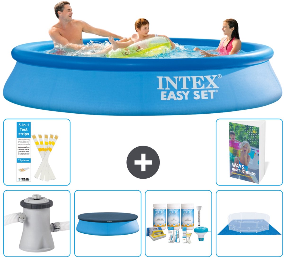 Intex Rond Opblaasbaar Easy Set Zwembad - 305 x 61 cm - Blauw - Inclusief Pomp - Afdekzeil - Onderhoudspakket - Grondzeil - 7-delig