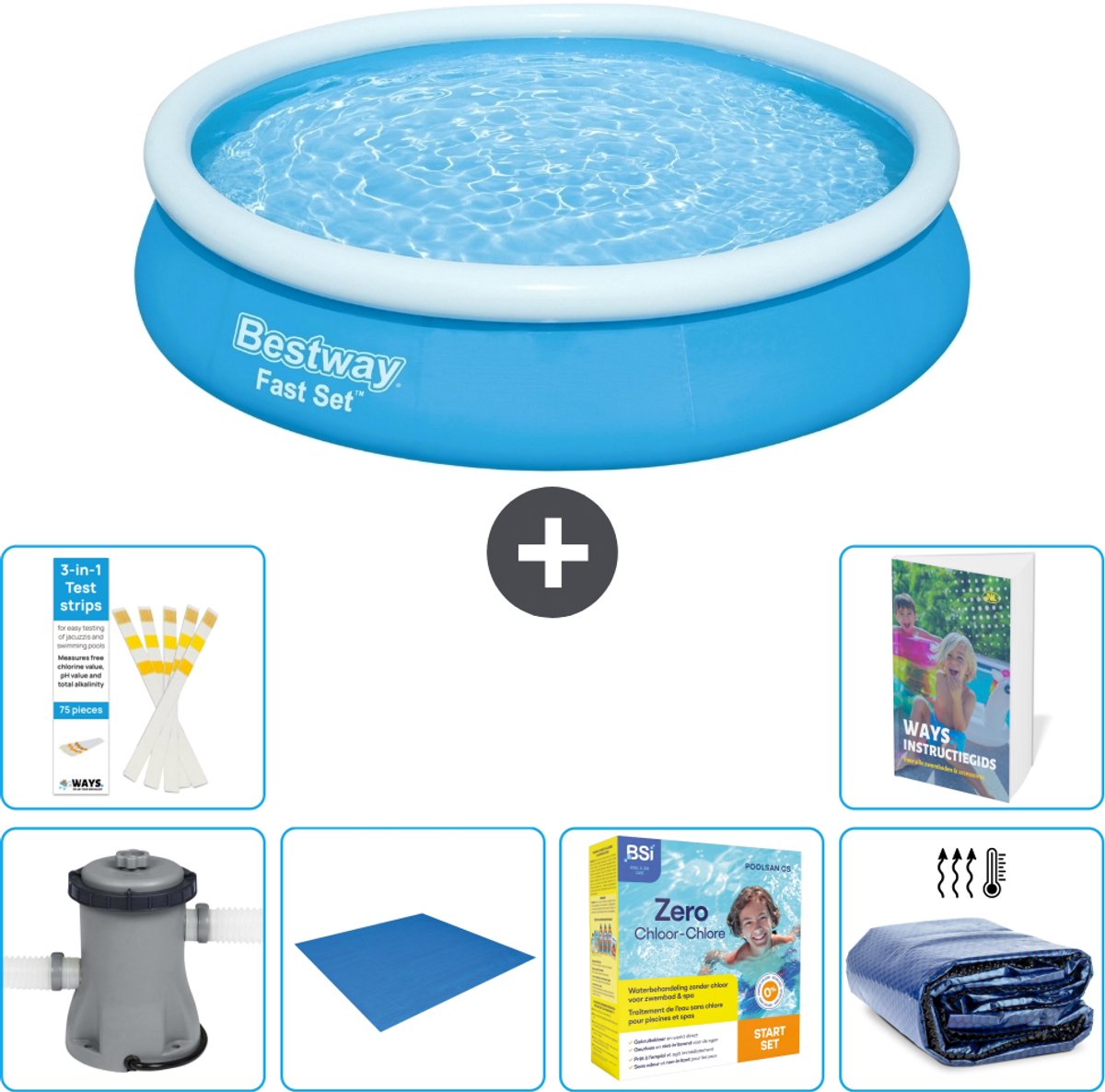 Bestway Rond Opblaasbaar Fast Set Zwembad - 366 x 76 cm - Blauw - Inclusief Pomp - Grondzeil - Onderhoudspakket - Solarzeil - 7-delig