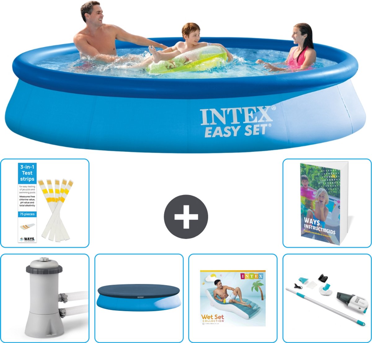 Intex Rond Opblaasbaar Easy Set Zwembad - 366 x 76 cm - Blauw - Inclusief Pomp - Afdekzeil - Loungebed - Stofzuiger - 7-delig