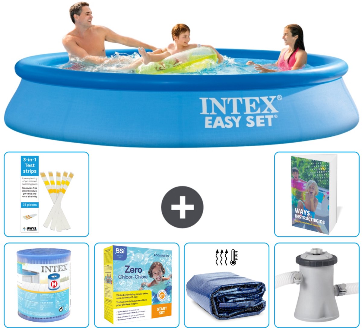 Intex Rond Opblaasbaar Easy Set Zwembad - 305 x 61 cm - Blauw - Inclusief Filter - Onderhoudspakket - Solarzeil - Zwembadfilterpomp - 7-delig