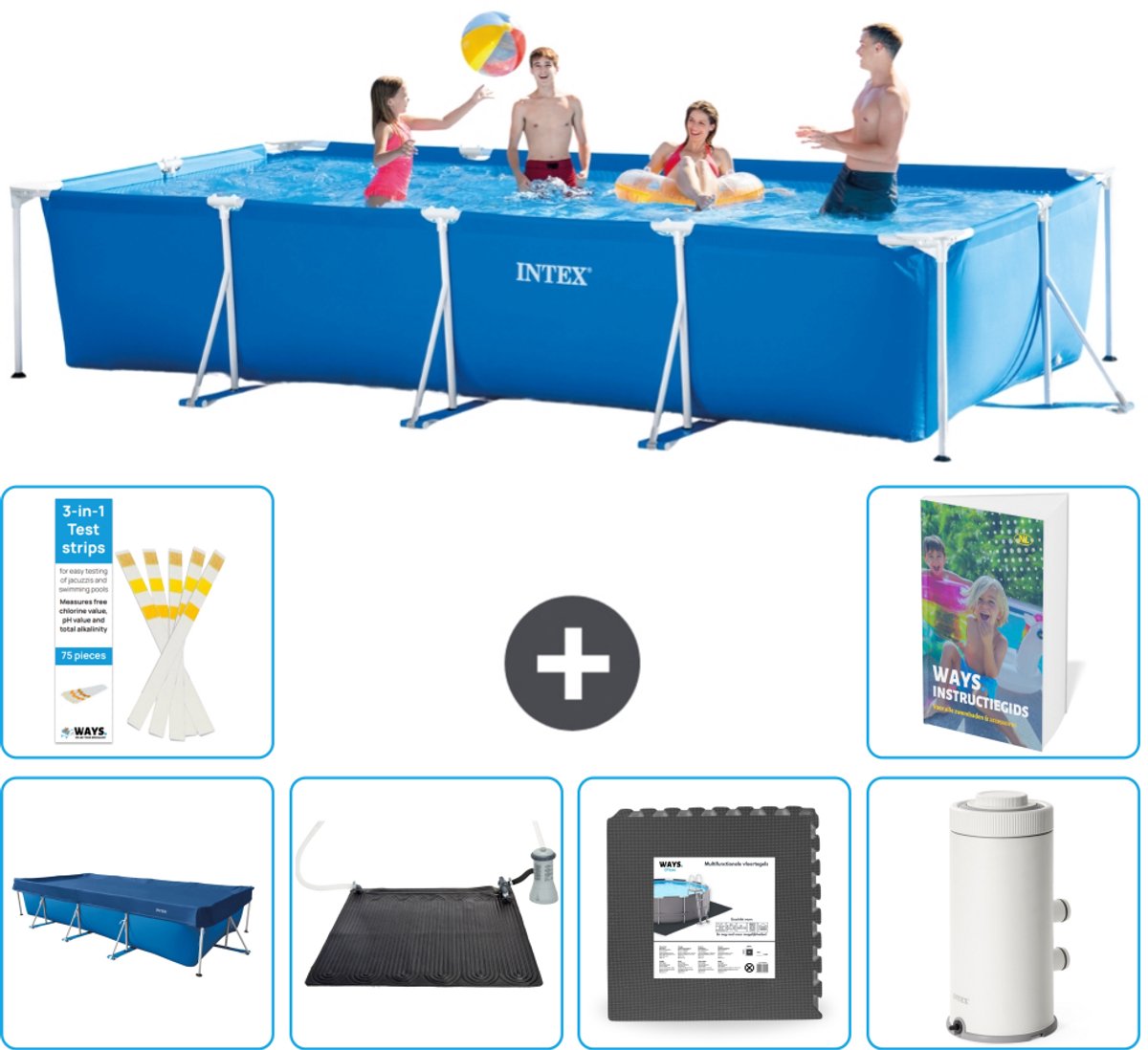 Intex Rechthoekig Frame Zwembad - 450 x 220 x 84 cm - Blauw - Inclusief Afdekzeil - Solar Mat - Vloertegels - Zwembadfilterpomp - 7-delig