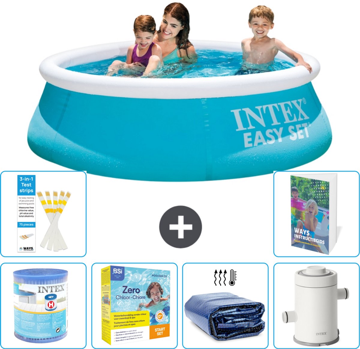 Intex Rond Opblaasbaar Easy Set Zwembad - 183 x 51 cm - Blauw - Inclusief Filter - Onderhoudspakket - Solarzeil - Zwembadfilterpomp - 7-delig