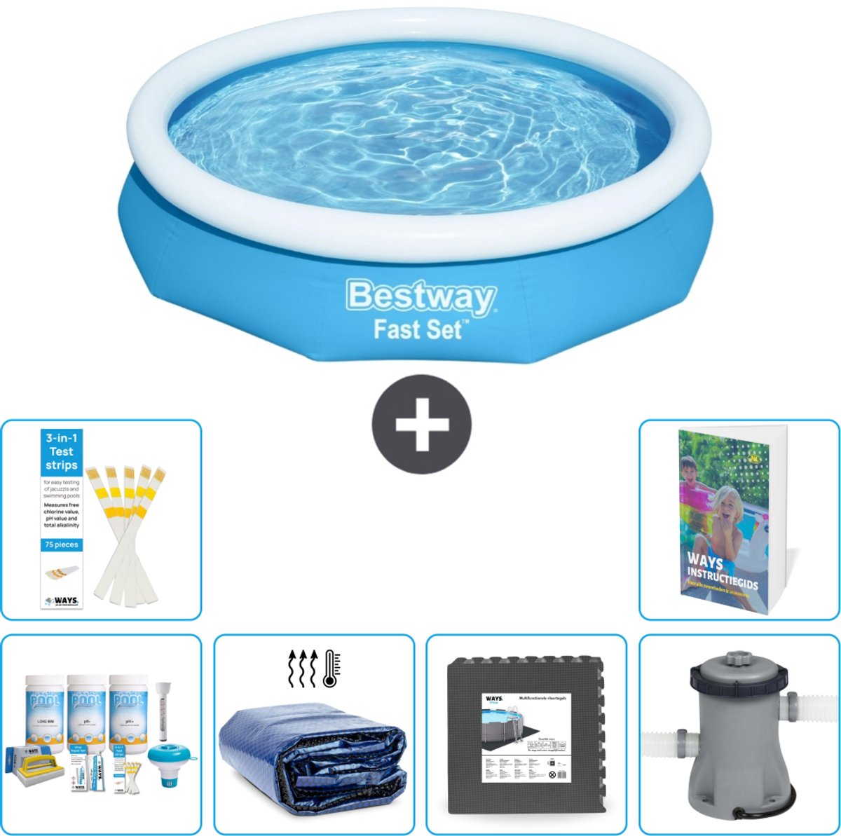 Bestway Rond Opblaasbaar Fast Set Zwembad - 305 x 66 cm - Blauw - Inclusief Onderhoudspakket - Solarzeil - Vloertegels - Zwembadfilterpomp - 7-delig