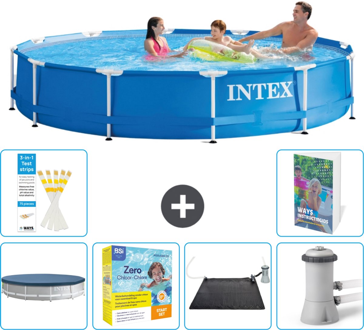 Intex Rond Frame Zwembad - 366 x 76 cm - Blauw - Inclusief Afdekzeil - Onderhoudspakket - Solar Mat - Zwembadfilterpomp - 7-delig