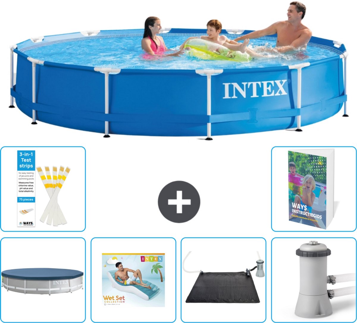 Intex Rond Frame Zwembad - 366 x 76 cm - Blauw - Inclusief Afdekzeil - Loungebed - Solar Mat - Zwembadfilterpomp - 7-delig