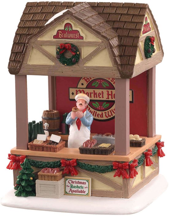 Kerstkraam 'Market Hall Pulled W' met kok, worstjes, kerstbomen en kerstboodschappen.