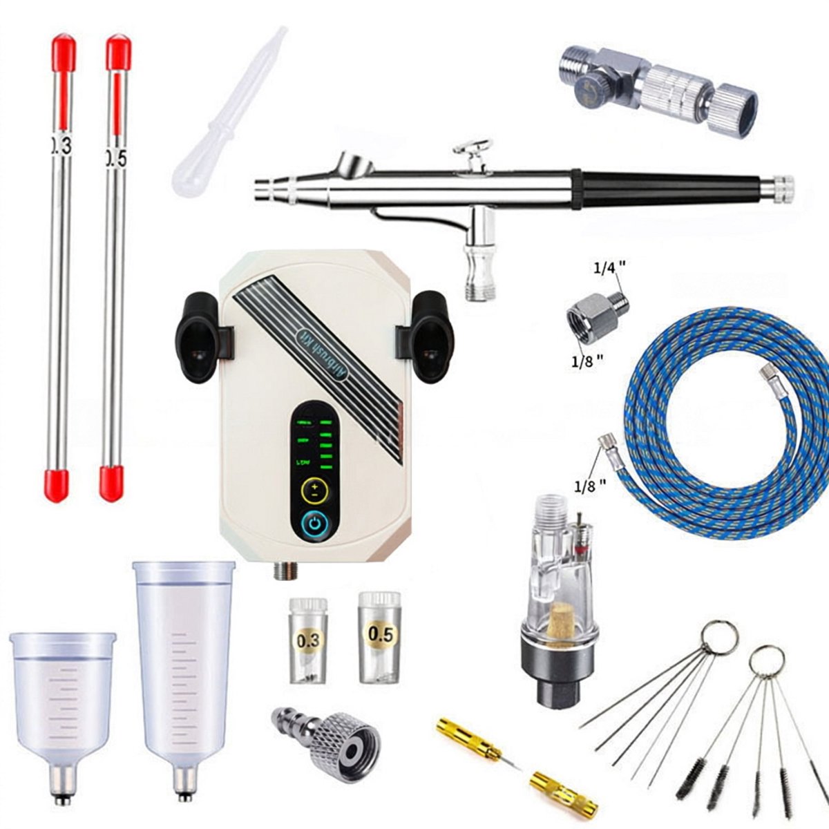Namajunas - Airbrush compressor set - Voorzien van sproeiers van 0,2 mm en 0,5 mm - Multifunctioneel draagbaar airbrush gereedschap - Geschikt voor DIY-projecten zoals modelbouw, schilderen, tatoeëren, nagelstyling en meer