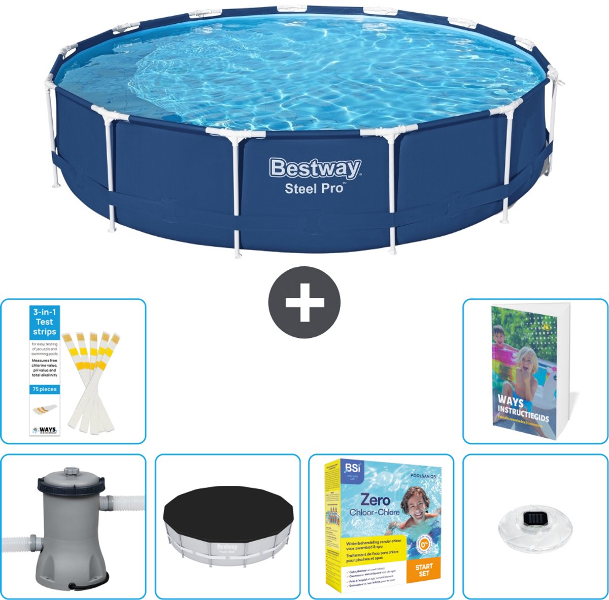 Bestway Rond Steel Pro Zwembad - 396 x 84 cm - Blauw - Inclusief Pomp - Afdekzeil - Onderhoudspakket - Verlichting - 7-delig