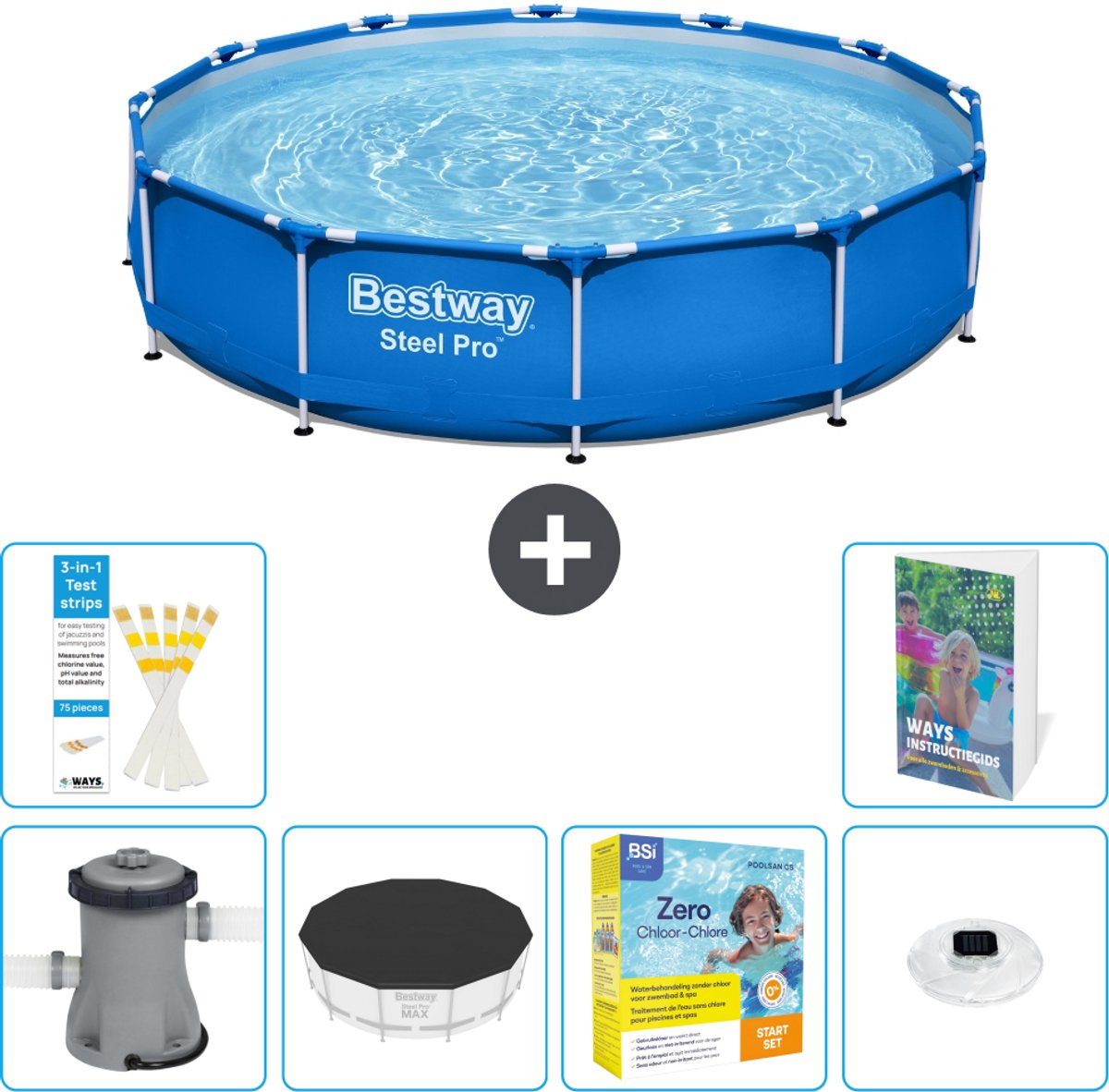 Bestway Rond Steel Pro Zwembad - 366 x 76 cm - Blauw - Inclusief Pomp - Afdekzeil - Onderhoudspakket - Verlichting - 7-delig