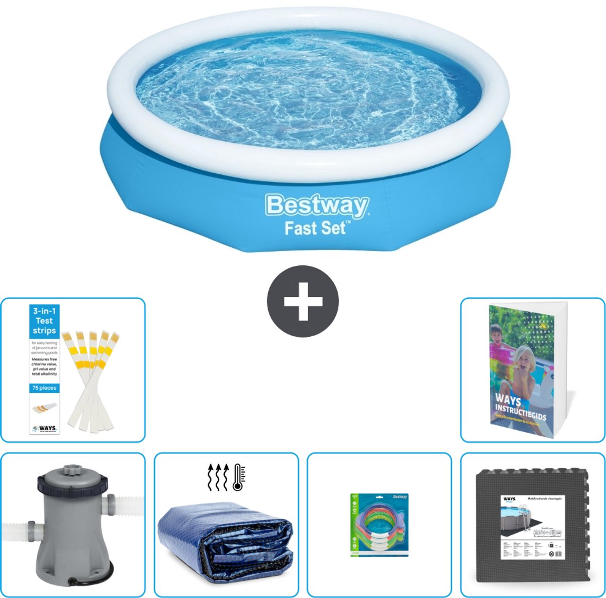 Bestway Rond Opblaasbaar Fast Set Zwembad - 305 x 66 cm - Blauw - Inclusief Pomp - Solarzeil - Speelgoed - Vloertegels - 7-delig