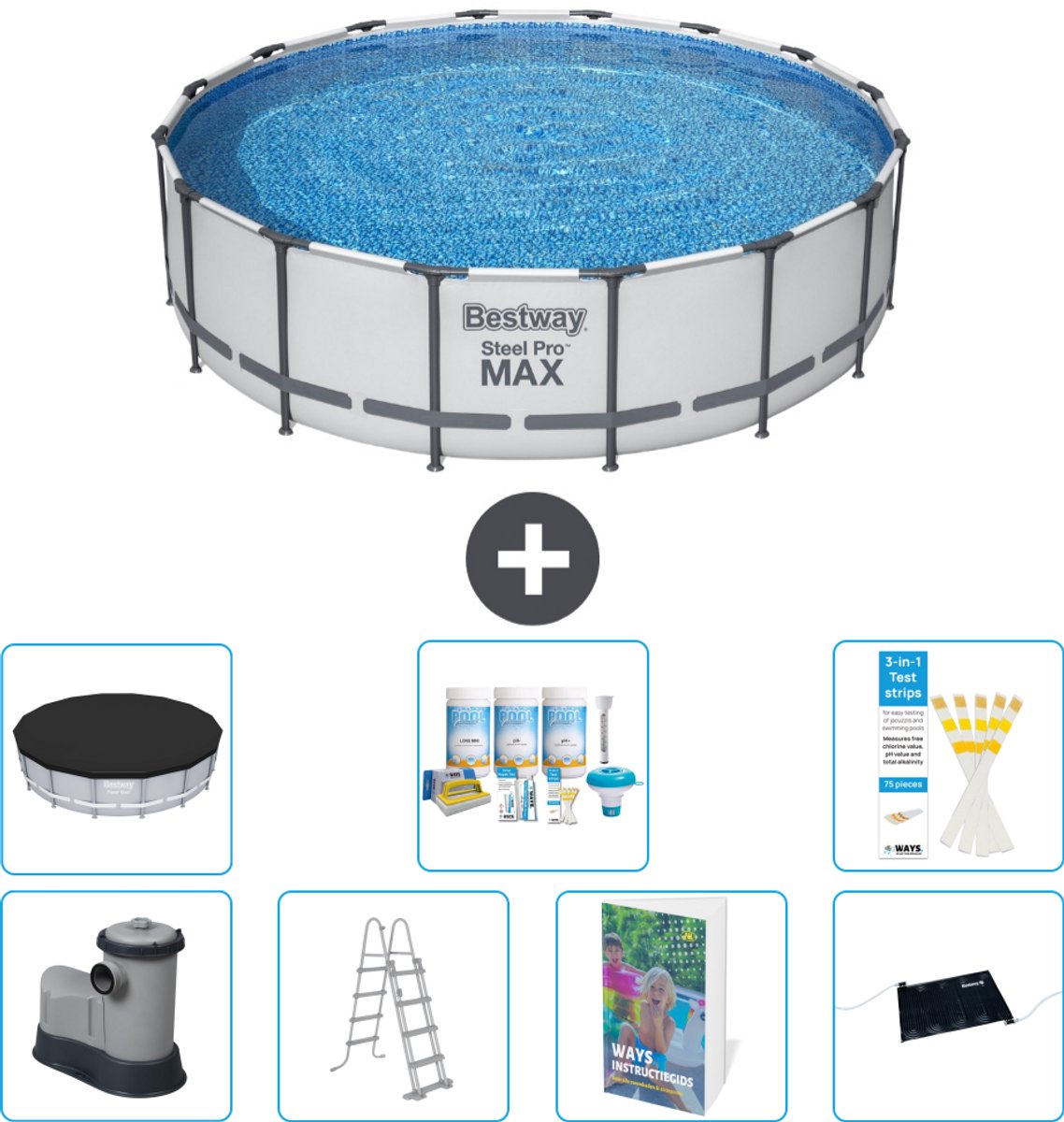 Bestway Rond Steel Pro MAX Zwembad - 488 x 122 cm - Grijs - Inclusief Pomp - Ladder - Afdekzeil - Onderhoudspakket - Solar Mat - 8-delig