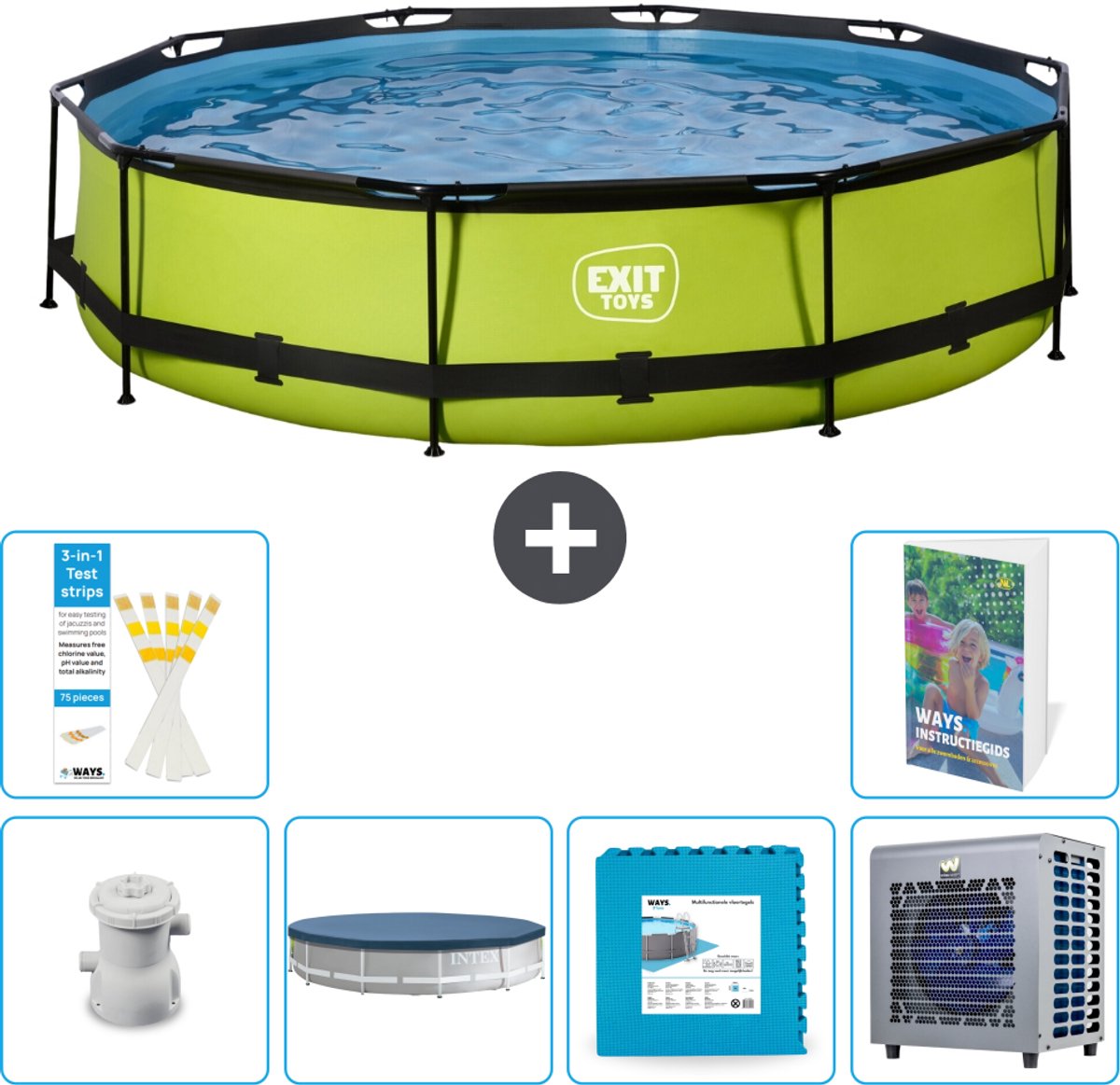 EXIT Rond Lime Frame Zwembad - 360 x 76 cm - Inclusief Pomp - Afdekzeil - Vloertegels - Warmtepomp - 7-delig