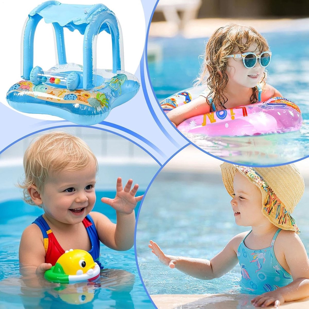 1 stuk - Babyzwemmat met zonnescherm - Dierenprint - Opblaasbare zwemring - Waterspeelmat - 60*60*58 cm - Voor baby's en peuters van 0 tot 6 maanden om in het water te spelen - Blauw – foto 7