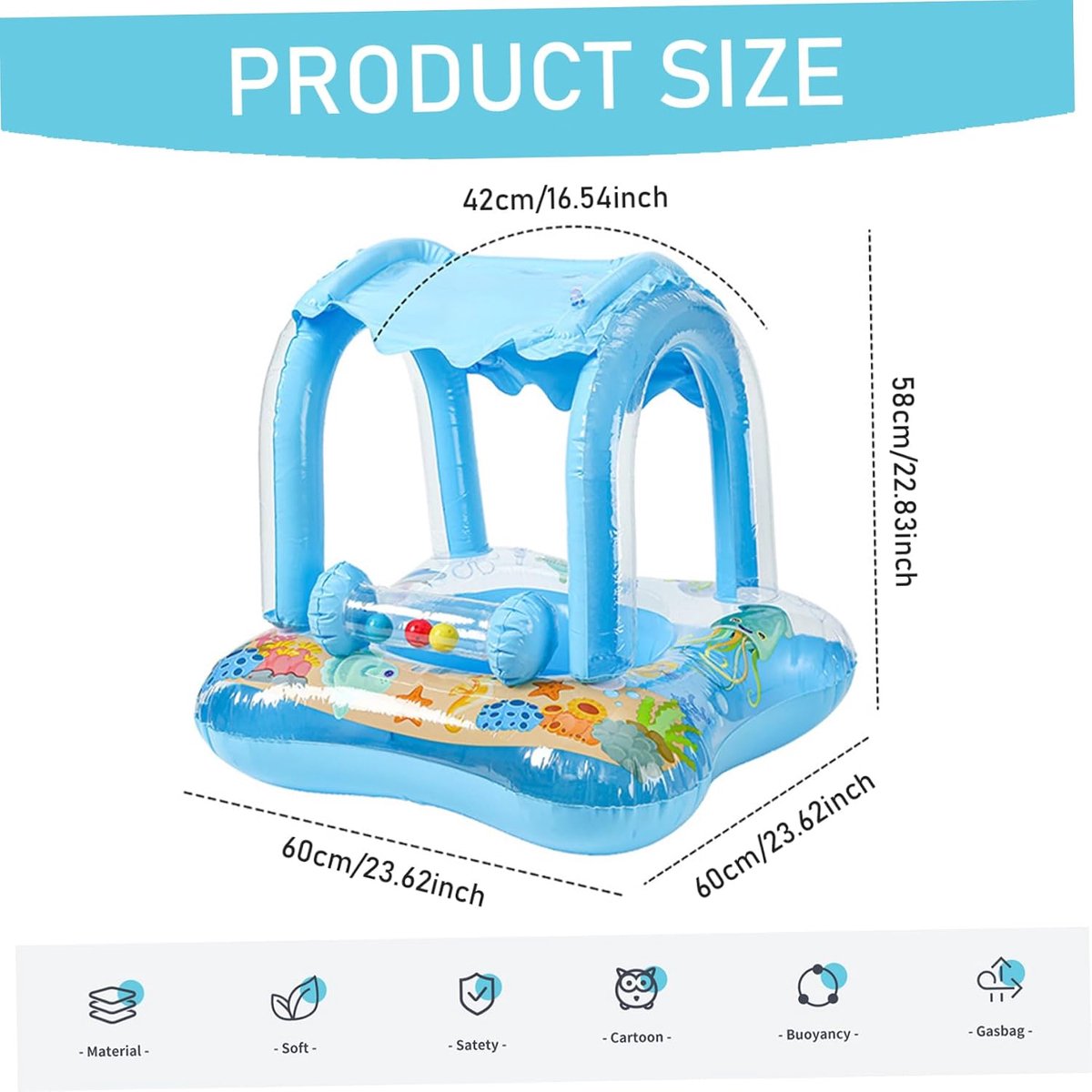 1 stuk - Babyzwemmat met zonnescherm - Dierenprint - Opblaasbare zwemring - Waterspeelmat - 60*60*58 cm - Voor baby's en peuters van 0 tot 6 maanden om in het water te spelen - Blauw – foto 5
