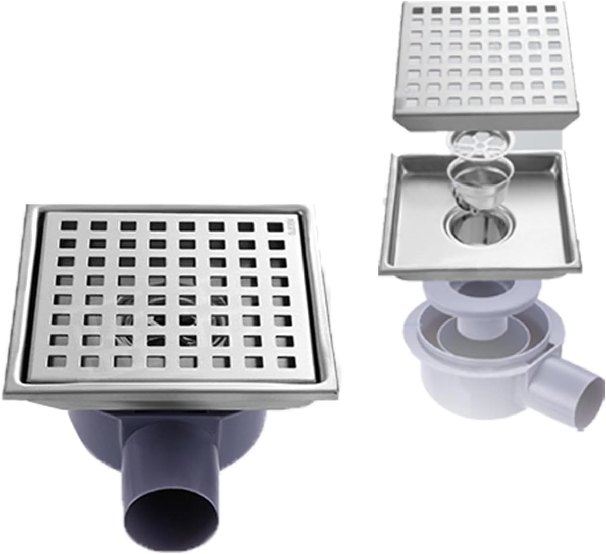 Vierkante Doucheafvoer van RVS, 15 x 15 cm, 2-in-1 Haarfilter met 360° Sifon, Geurafsluiter voor Badkamers en Kelders, Ideaal voor Tegelvloeren en Binnenruimtes