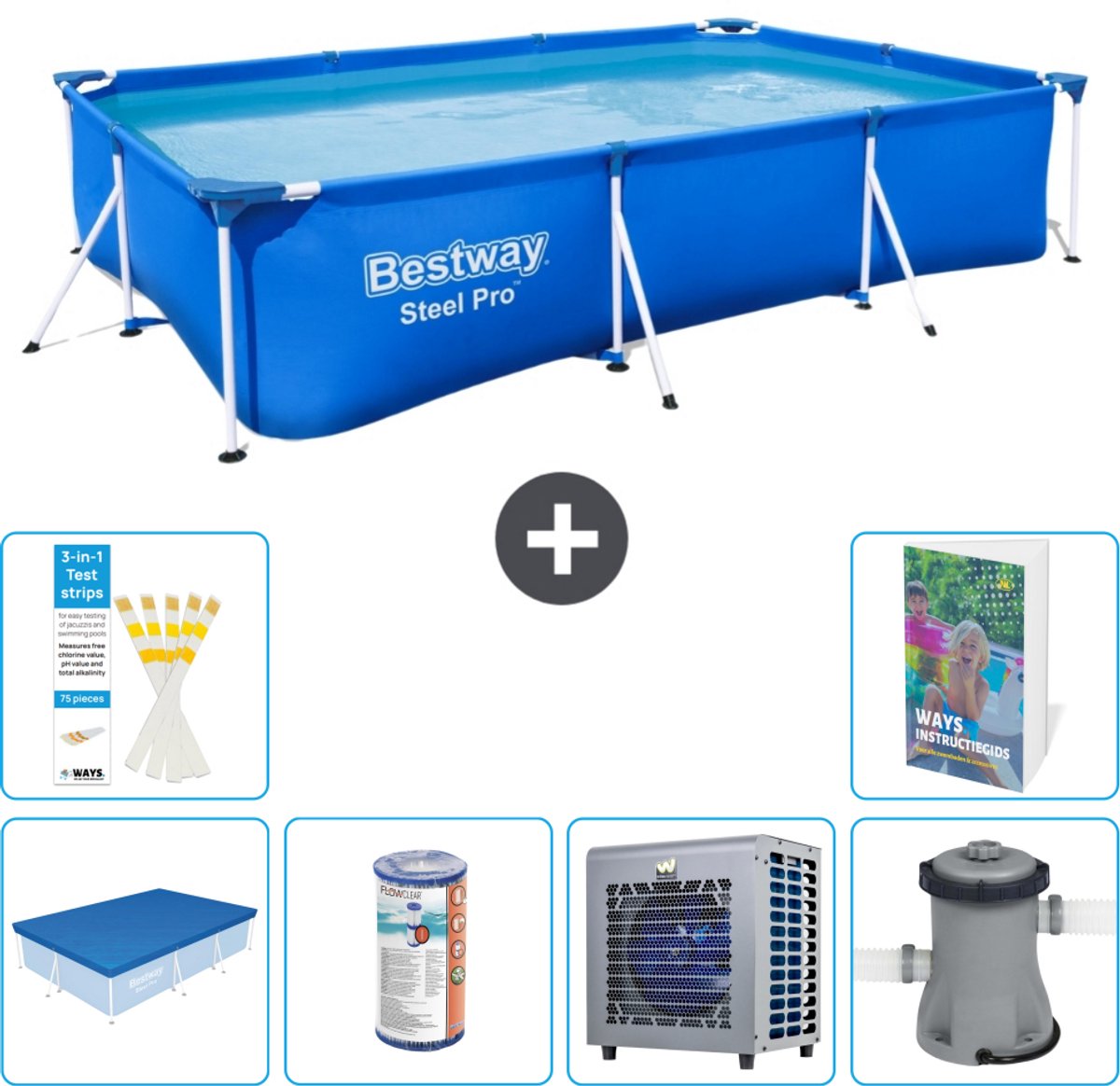 Bestway Rechthoekig Steel Pro Zwembad - 300 x 201 x 66 cm - Blauw - Inclusief Afdekzeil - Filter - Warmtepomp - Zwembadfilterpomp - 7-delig