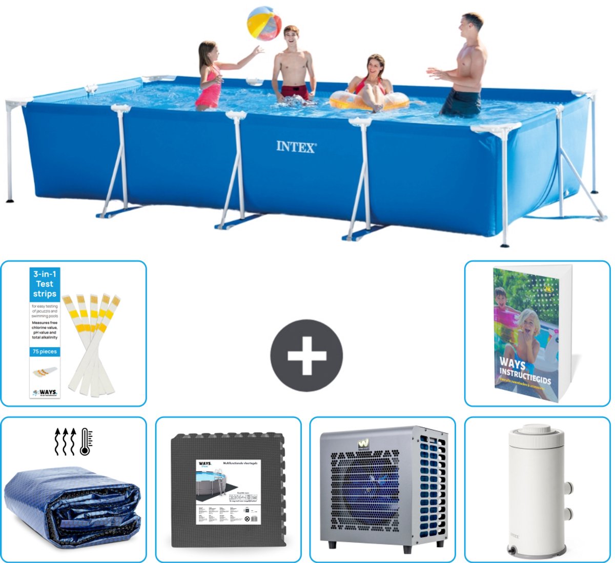 Intex Rechthoekig Frame Zwembad - 450 x 220 x 84 cm - Blauw - Inclusief Solarzeil - Vloertegels - Warmtepomp - Zwembadfilterpomp - 7-delig