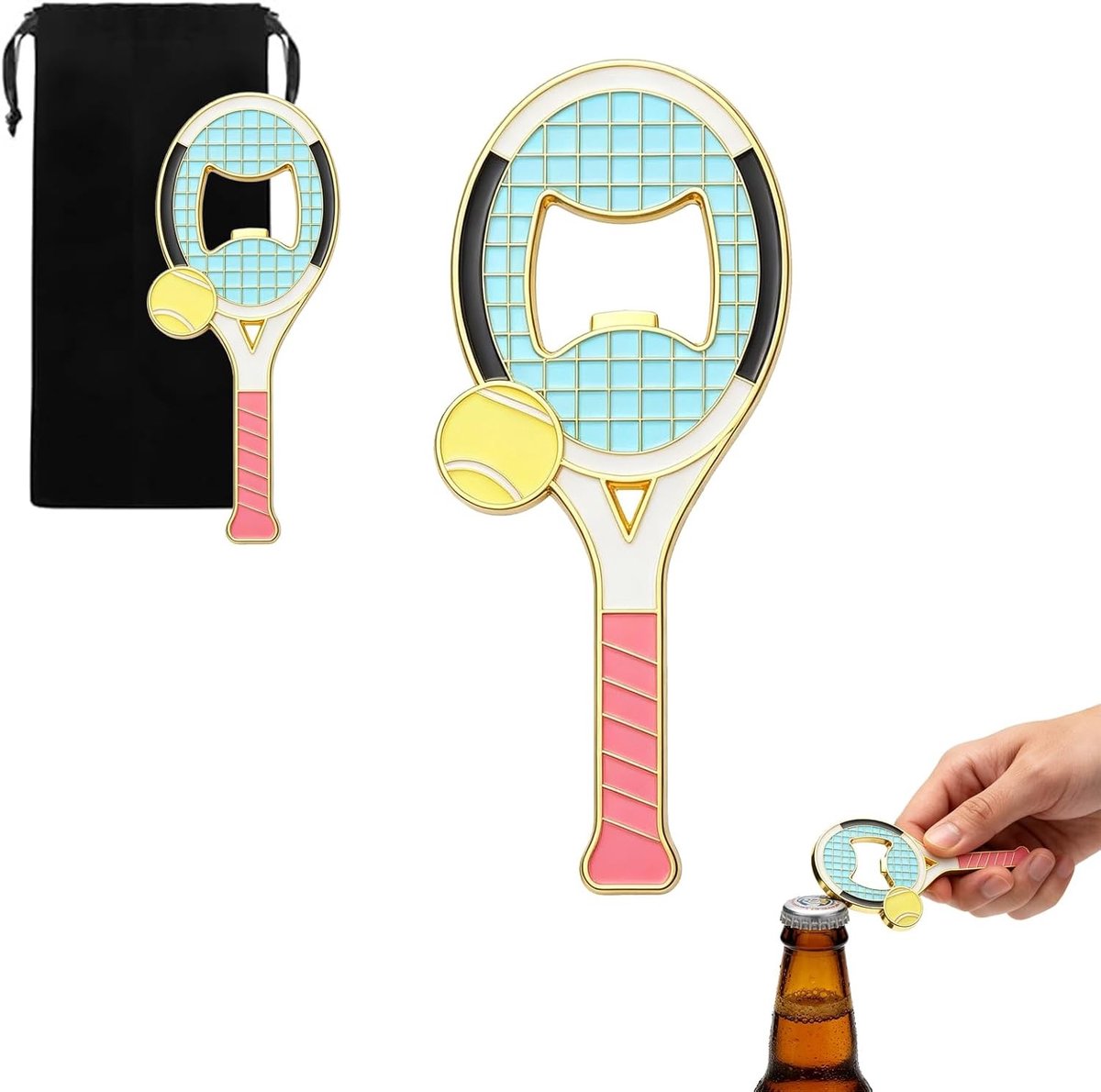 Tennisracket flesopener met magneet, kleurrijke ontcapsulator voor dranken, perfect cadeau voor sportliefhebbers, feestjes en barbecues
