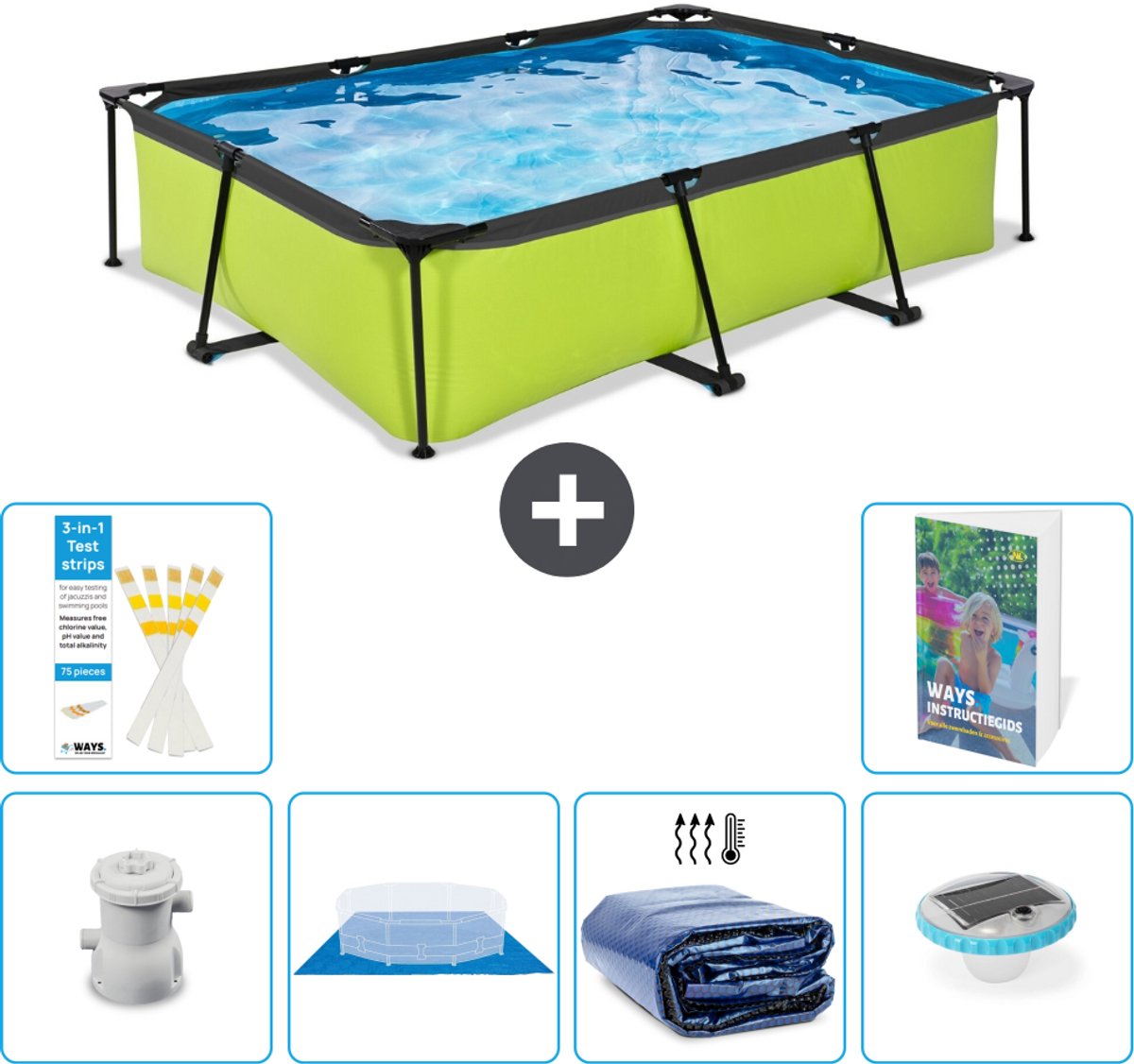 EXIT Rechthoekig Lime Frame Zwembad - 300 x 200 x 65 cm - Inclusief Pomp - Grondzeil - Solarzeil - Verlichting - 7-delig