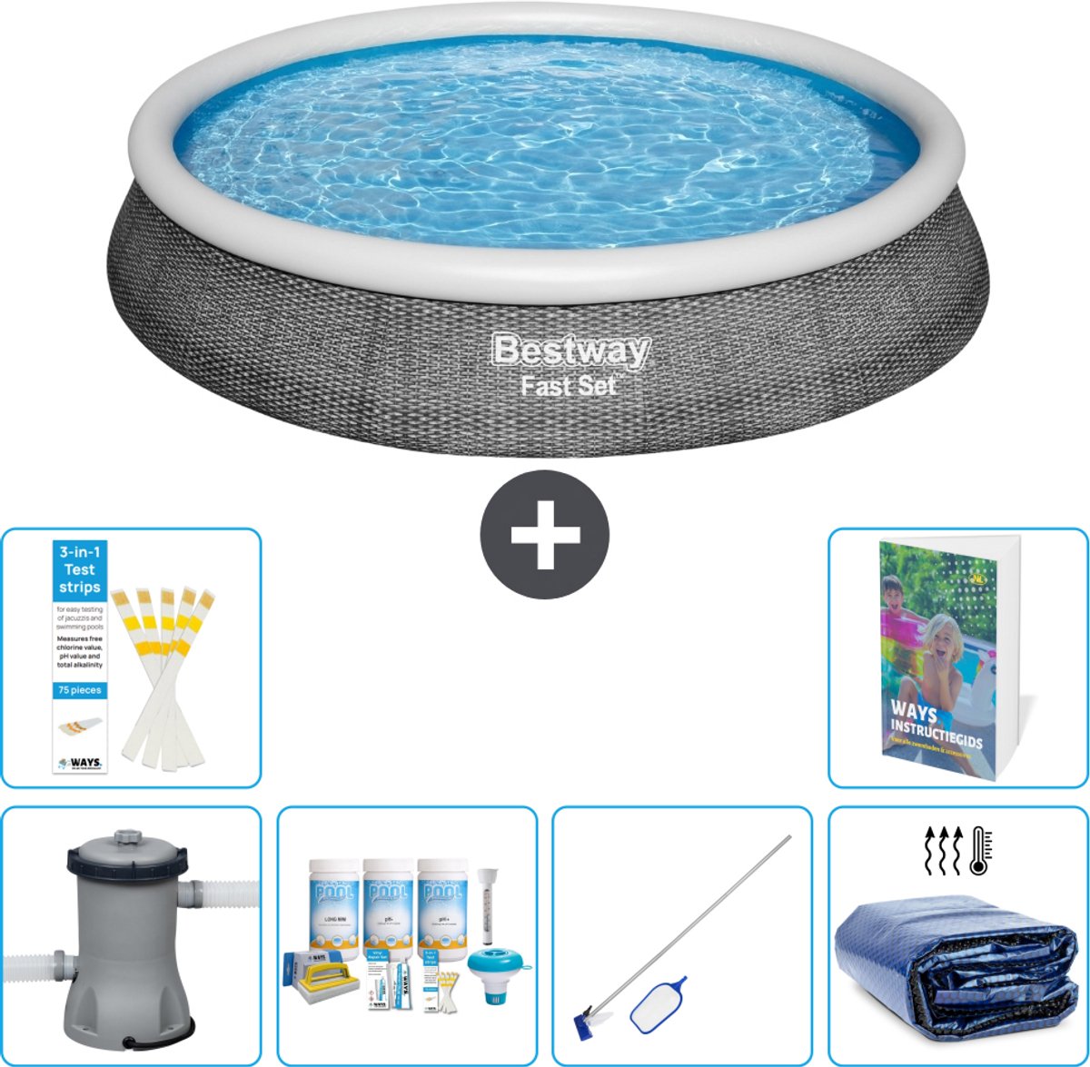 Bestway Rond Opblaasbaar Fast Set Zwembad - Rotanprint - 396 x 84 cm - Inclusief Pomp - Onderhoudspakket - Schoonmaakset - Solarzeil - 7-delig