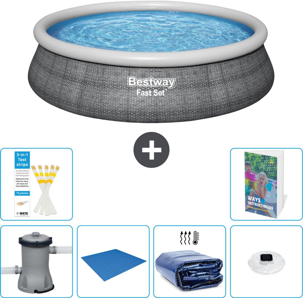 Bestway Rond Opblaasbaar Fast Set Zwembad - Rotanprint - 457 x 84 cm - Inclusief Pomp - Grondzeil - Solarzeil - Verlichting - 7-delig