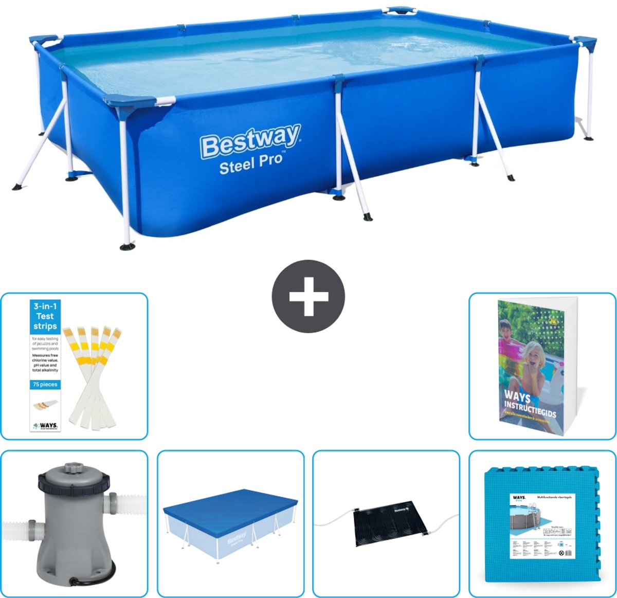 Bestway Rechthoekig Steel Pro Zwembad - 300 x 201 x 66 cm - Blauw - Inclusief Pomp - Afdekzeil - Solar Mat - Vloertegels - 7-delig